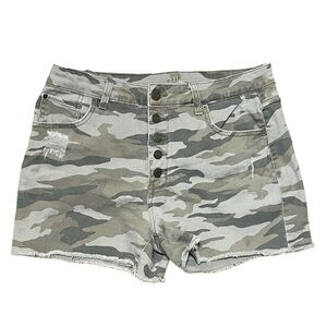 Time And Tru Women's Distress High Rise Button Fly Camo Denim Shorts